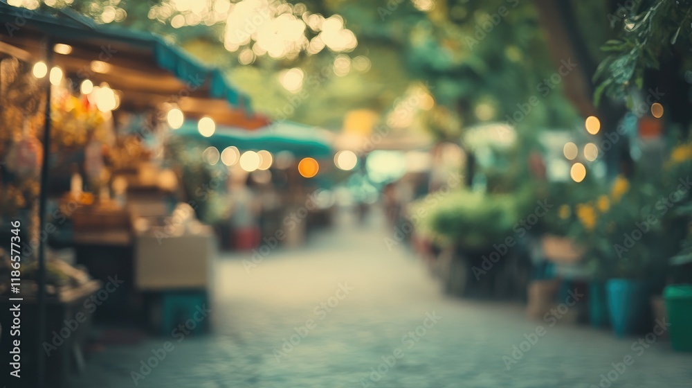 Poster Day market scene with vintage blurred effect and bokeh lighting in a lush garden setting for creative background applications