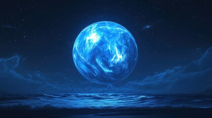 Serene nightscape featuring a luminous blue planet rising over a tranquil ocean under a starlit sky.  Perfect for fantasy, sci-fi, or peaceful themes.