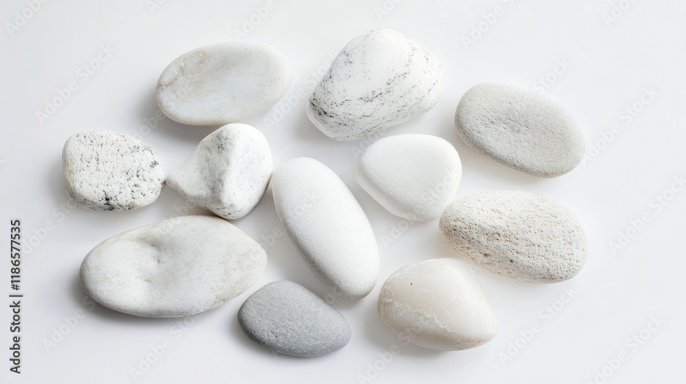 Aufkleber collection of various white stones arranged in a flat lay on a clean white background for decorative