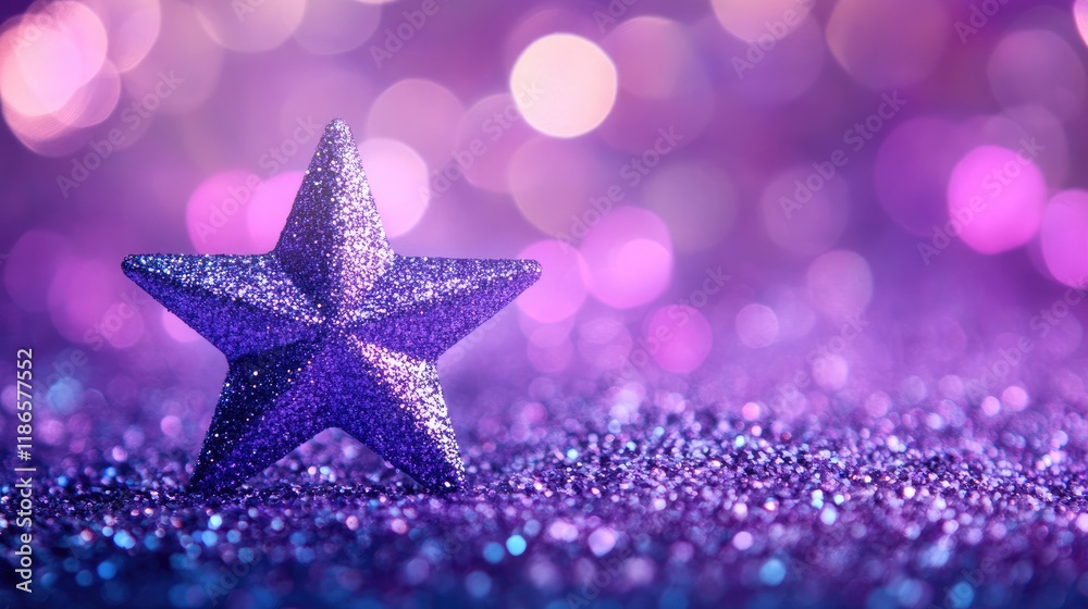 Poster Vibrant violet star glimmering on a lilac glitter backdrop with soft bokeh lights creating a magical festive atmosphere