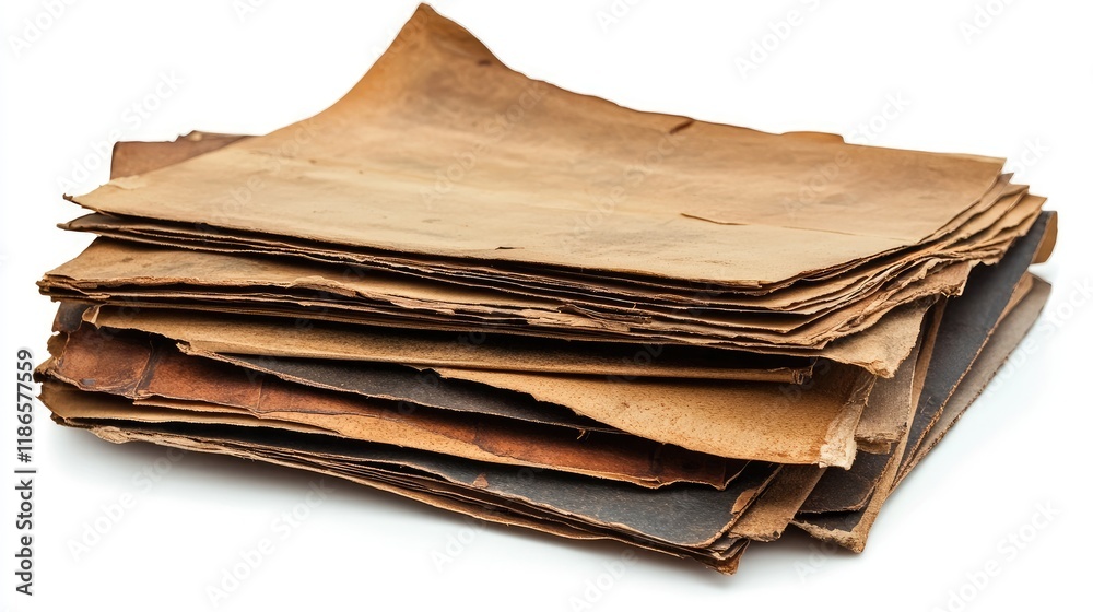 Poster antique stacked papers with aged texture on a white background for historical or artistic use