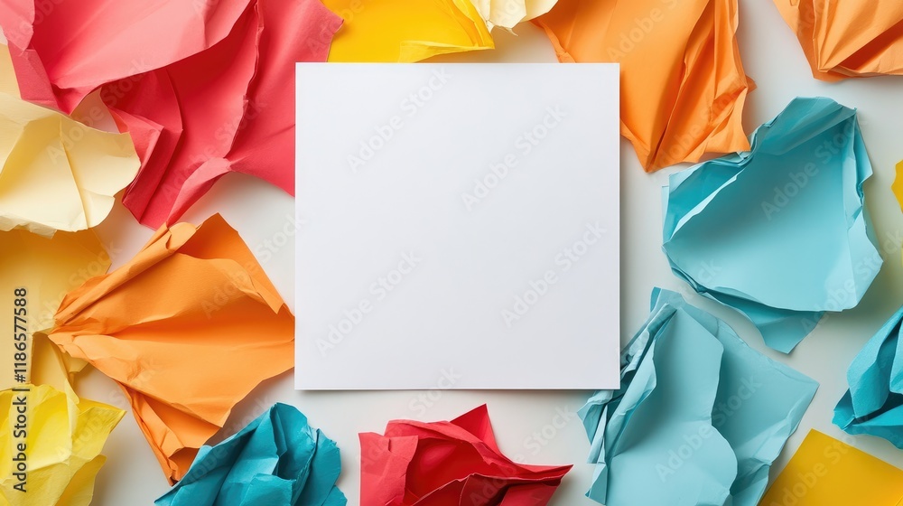 Aufkleber Blank white square framed by vibrant crumpled colorful paper creating a playful and cheerful background for creative design concepts.