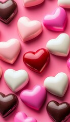 Obraz premium Valentine s Day Assorted Heart-Shaped Candies in Pink, Red, and White on Pink Background