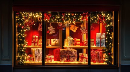 Festive storefront window adorned with gift boxes lights and holiday decorations creating a warm seasonal atmosphere
