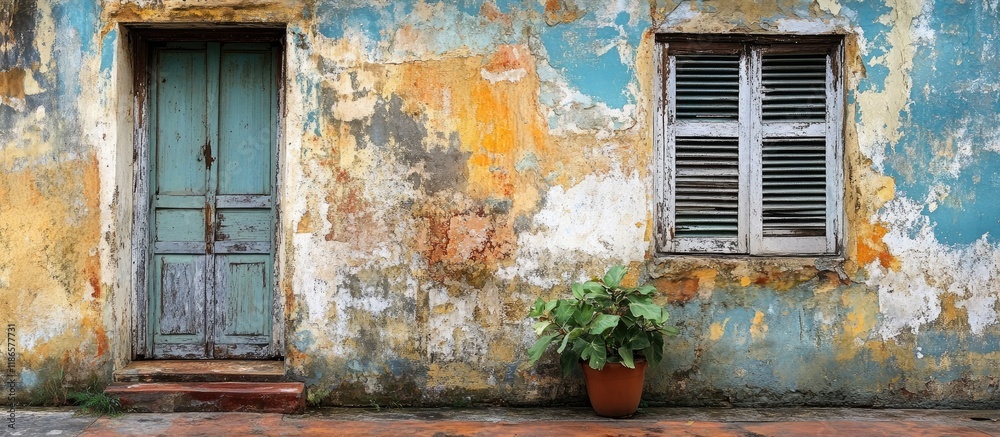 Poster weathered wall with peeling paint and rustic door ideal for photography and creative design projects