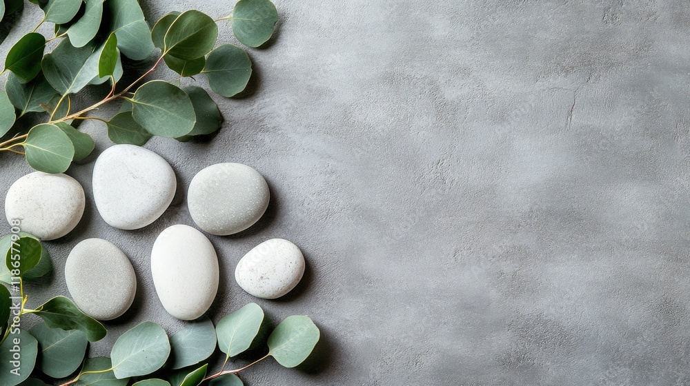 Poster eucalyptus leaves and white stones arranged on a textured gray background creating a serene and peac