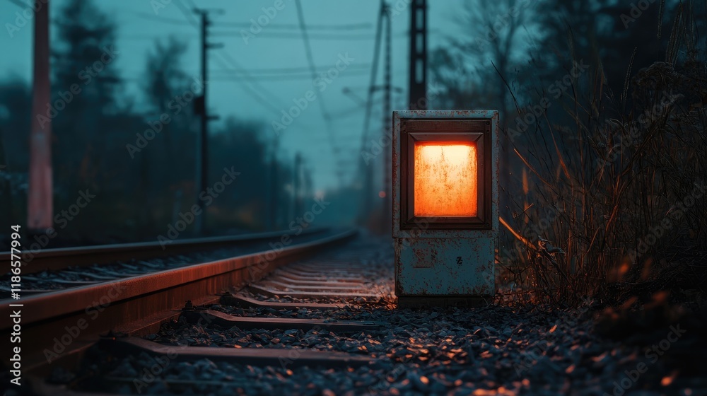 Poster vintage railway light box illuminating tracks at dusk in scenic outdoor setting with soft natural li