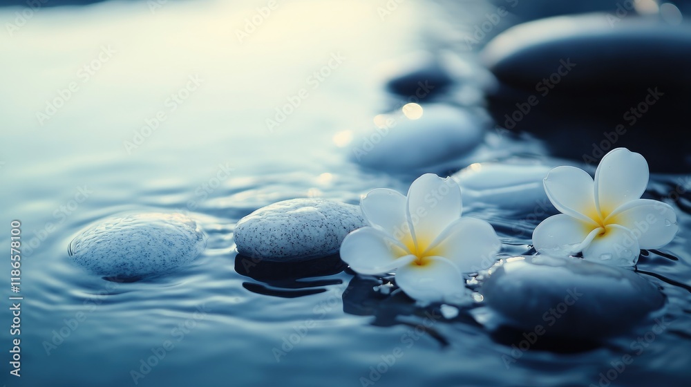 Poster serene composition of white stones and delicate flowers gently floating on tranquil water surface in