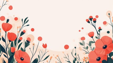 Red poppy flowers and foliage border on cream background.