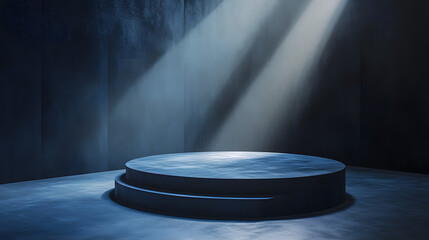 blue podium mockup with harsh light illumination for studio showroom and fashion showcase in a minimalist 3d exhibition gallery display scene for product presentation or platform setup.
