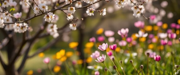 Fototapeta premium Cherry blossoms and vibrant wildflowers in a colorful, lush garden background