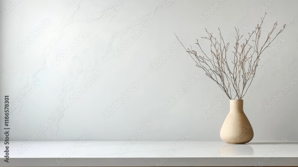 Poster Dry branches enhancing a modern minimalist kitchen, adding a touch of nature and creating a calm, stylish atmosphere within the bright, clean interior space