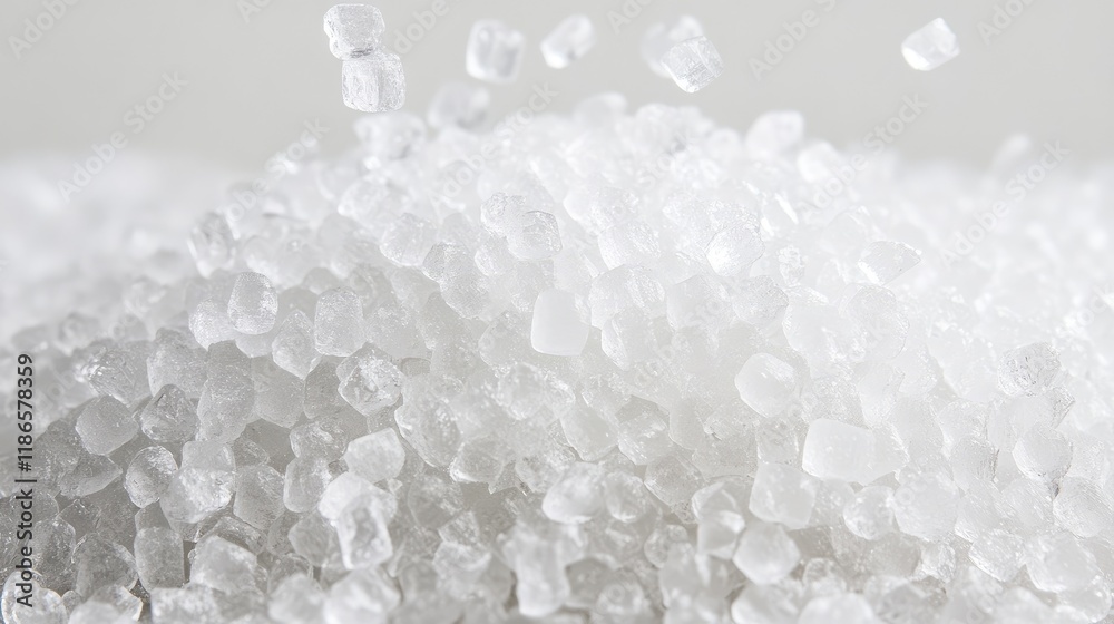Poster white sugar crystals scattered on a vibrant blue surface creating a visually appealing texture and c