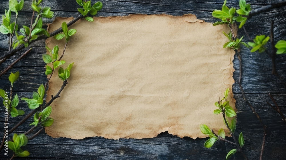 Poster Vintage paper with green twigs on weathered wooden wall creating a rustic and natural backdrop for creative projects or design elements