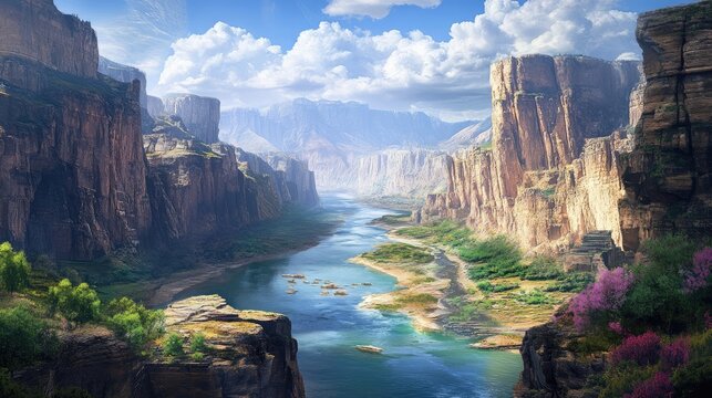 Breathtaking Scenic View of Tumen River Canyon Surrounded by Majestic Cliffs and Vibrant Flora under a Clear Blue Sky