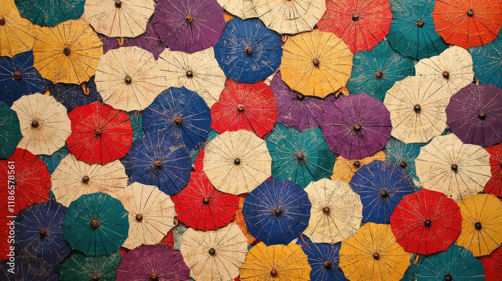 Poster Vintage multicolored umbrellas arranged artistically on a vibrant background creating a lively and cheerful atmosphere.
