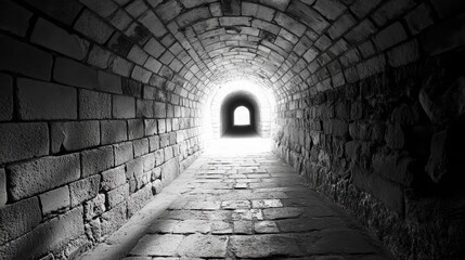 Obraz premium Mysterious stone tunnel leading to illuminated archway in an ancient crypt setting