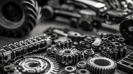 A detailed view of a collection of gears arranged on a flat surface