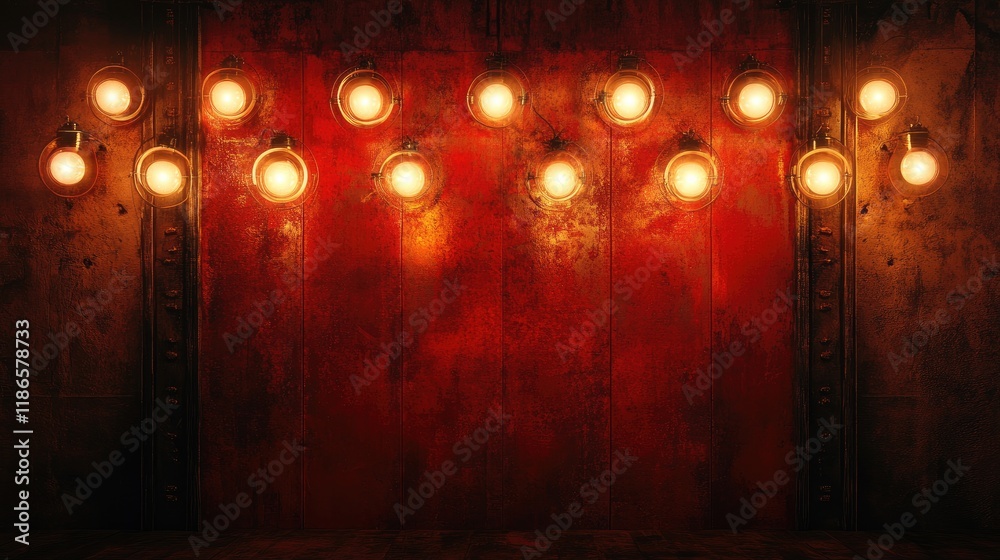 Poster Retro Edison bulb lights illuminating a grungy red wall creating a warm and inviting vintage atmosphere for background design.