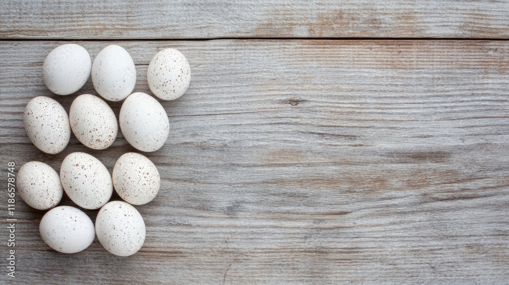 Poster white speckled quail eggs beautifully arranged on rustic wooden table background for culinary or dec