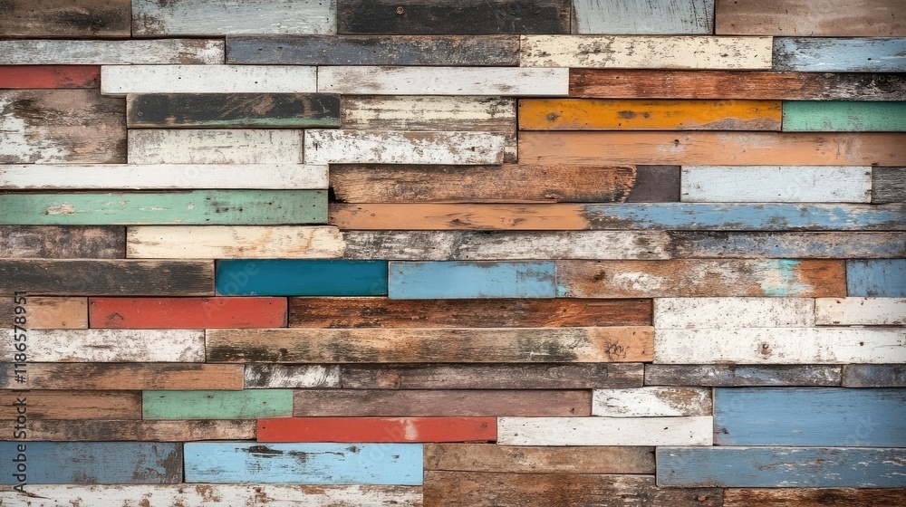 Poster rustic vintage wooden wall texture with colorful reclaimed planks for backgrounds and design element