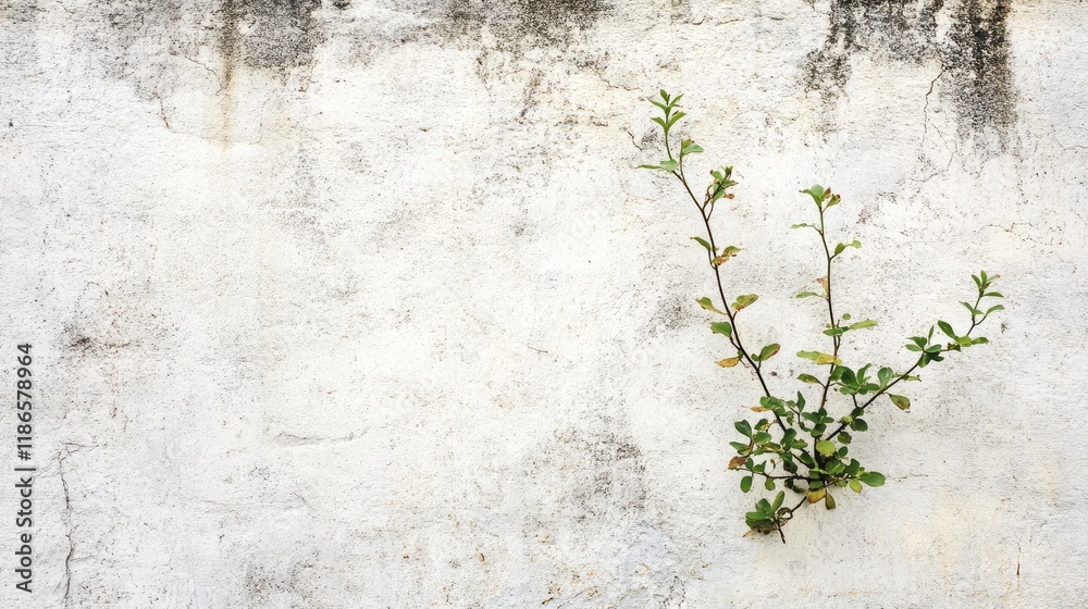 Poster vintage textured cement wall with natural stone pattern and green branch in a grungy retro style bac