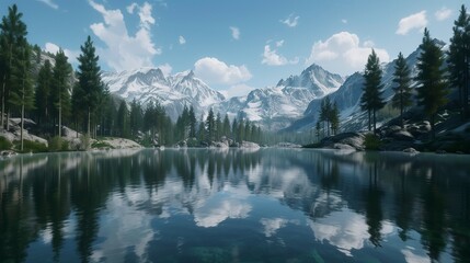 Fototapeta premium A serene alpine lake surrounded by tall pine trees, with snow-capped peaks reflecting on the watera??s surface.