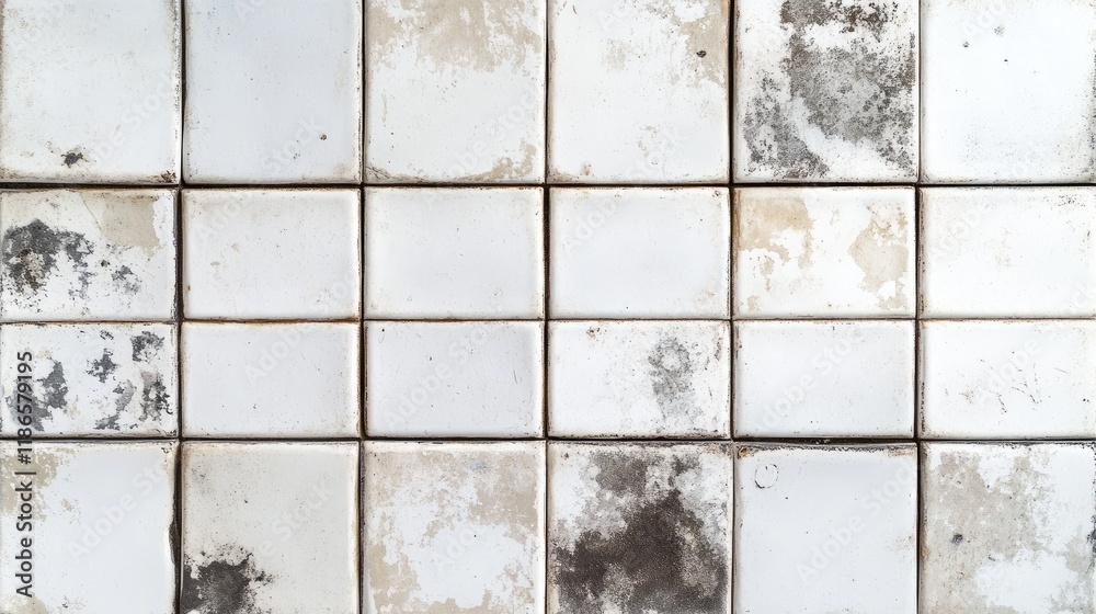 Poster vintage stained white square tiles textured background for design and architectural use.