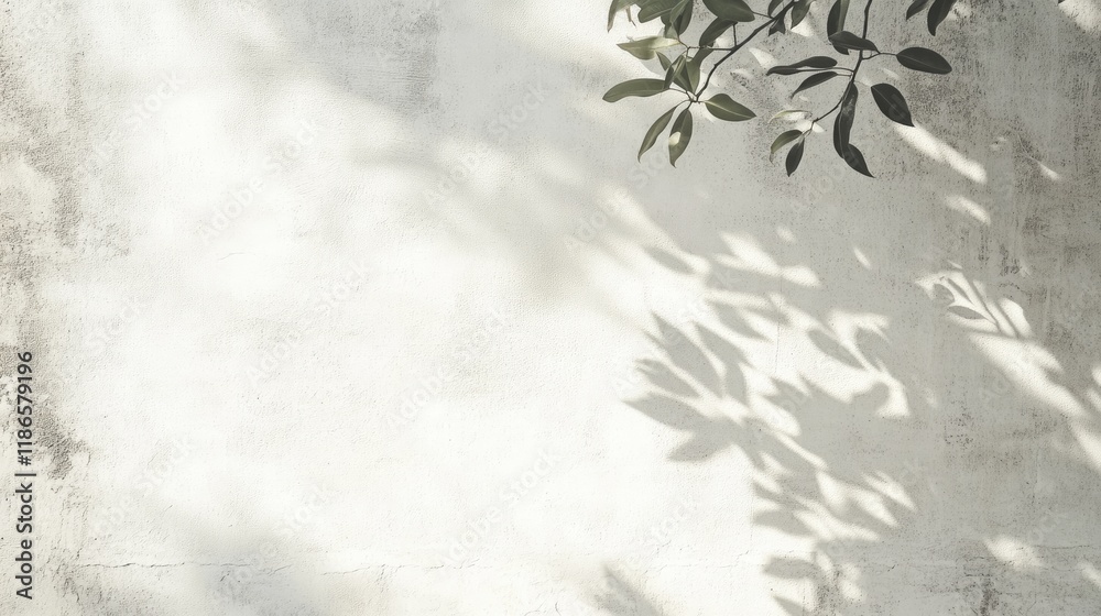Poster white cement concrete wall texture with leaf shadows creating a soft natural background
