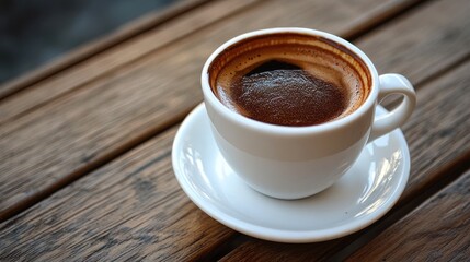 Fototapeta premium Turkish coffee served in a classic white cup on a rustic wooden table capturing rich aroma and culture of traditional brewing methods