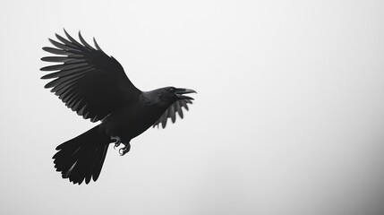 Obraz premium Black crow in flight against a muted sky.