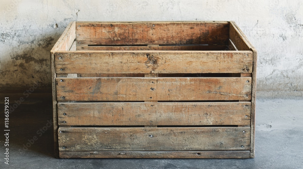 Poster rustic vintage wooden crate with weathered textures displayed against a worn wall background suitabl