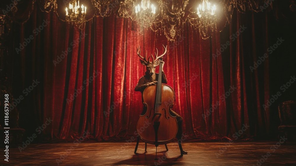 Poster deer with antlers plays cello in an elegant red draped performance space during an artistic musical 