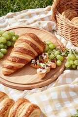 Croissant, grapes, and pastries on a wooden board for a picnic.