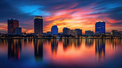 Obraz premium Twilight skyline panorama reflecting vibrant orange and blue hues over a tranquil city lake at sunset