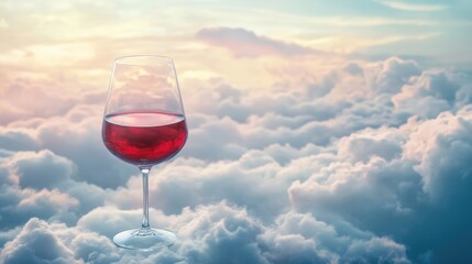 Wine Glass Floating Among Whimsical Clouds at Sunset Creating an Ethereal and Dreamlike Atmosphere for Imaginative Concepts