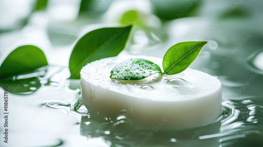 Aufkleber Natural white soap with green leaves floating in serene water creating a calm and refreshing spa-like atmosphere