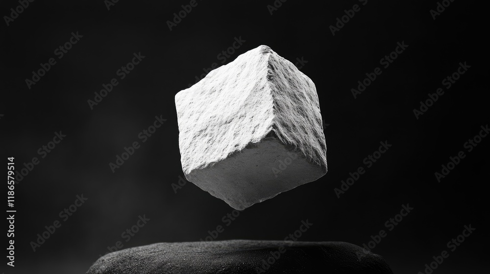 Aufkleber Minimalist White Stone Cube Floating Above Dark Surface Artistic Ceramic Background for Textures and Design Elements