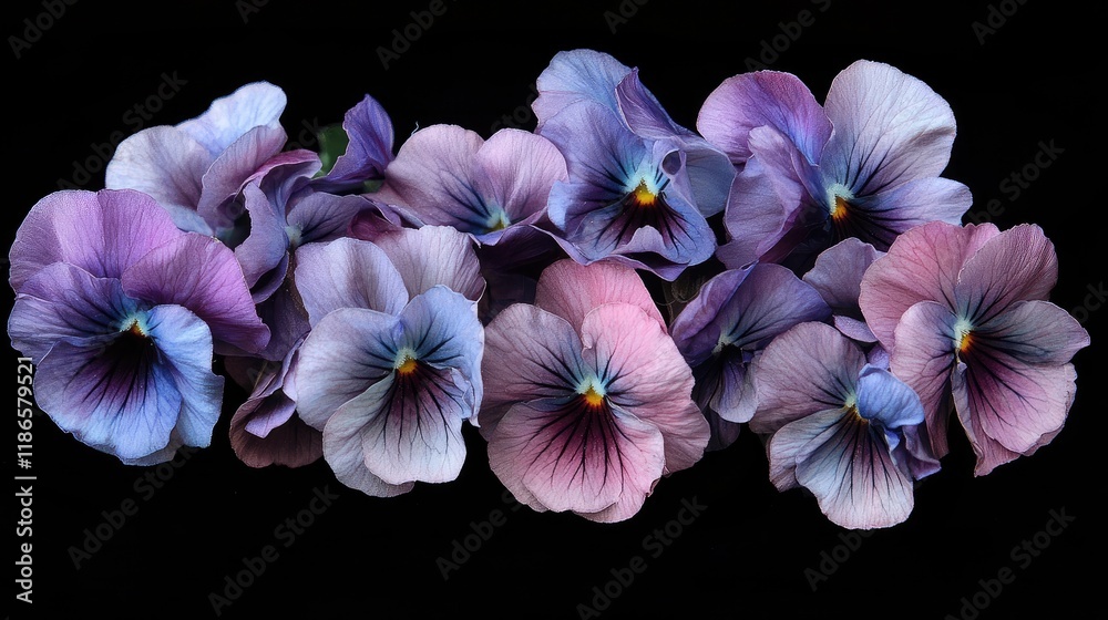 Poster vibrant close-up of multicolored viola tricolor flowers showcasing delicate petals and intricate pat