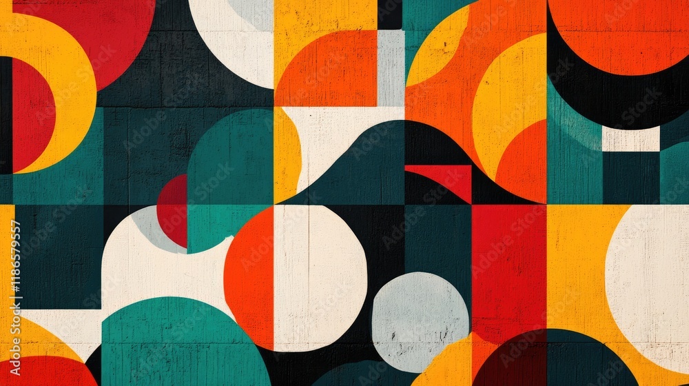 Poster dynamic abstract composition with geometric shapes in bold colors and textures for modern art and de