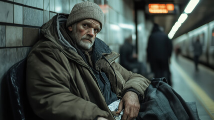 Fototapeta premium Portrait of homeless man sitting in subway.. Poor, hungry, frozen, sick homeless old man on street, social problems concept