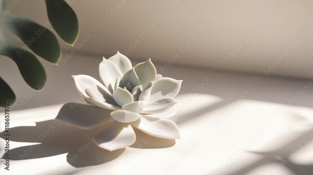 Aufkleber Succulent plant casting shadows on a table with soft natural lighting creating a serene and minimalistic atmosphere