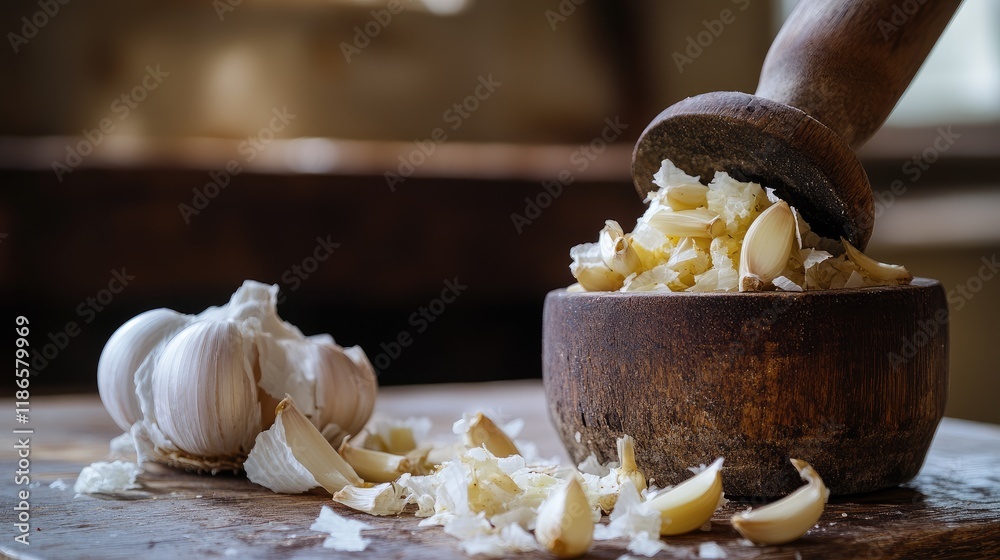 Poster vintage mortar and pestle with crushed garlic cloves in focus surrounded by fresh garlic on a rustic