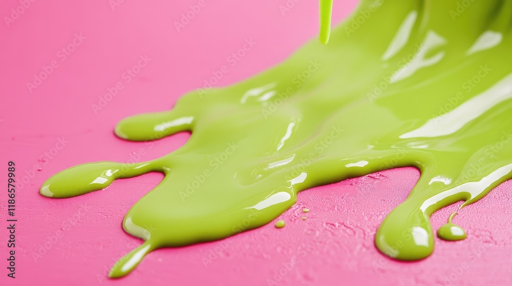 Poster vibrant green liquid flowing over bright pink surface creating an eye-catching abstract background