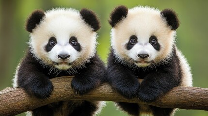 Two charming panda cubs playfully perched on a tree branch in a serene natural setting.