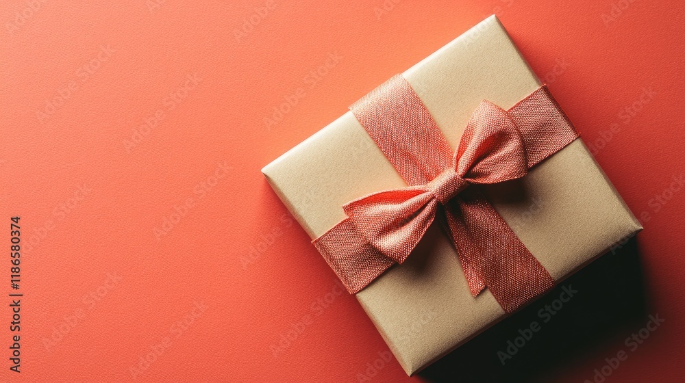 Poster elegant gift box with pink ribbon on vibrant red background flat lay perfect for romantic occasions 