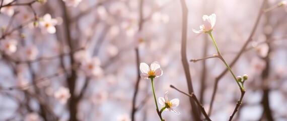 Naklejka premium Sunlit blossoms on branches with a soft, blurred background