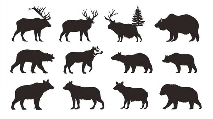 Fototapeta premium Twelve wildlife silhouettes elk, bear, wolf, tree.