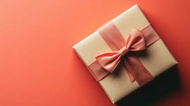 Elegant gift box with pink ribbon on vibrant red background flat lay perfect for romantic occasions and greeting cards with customizable text space