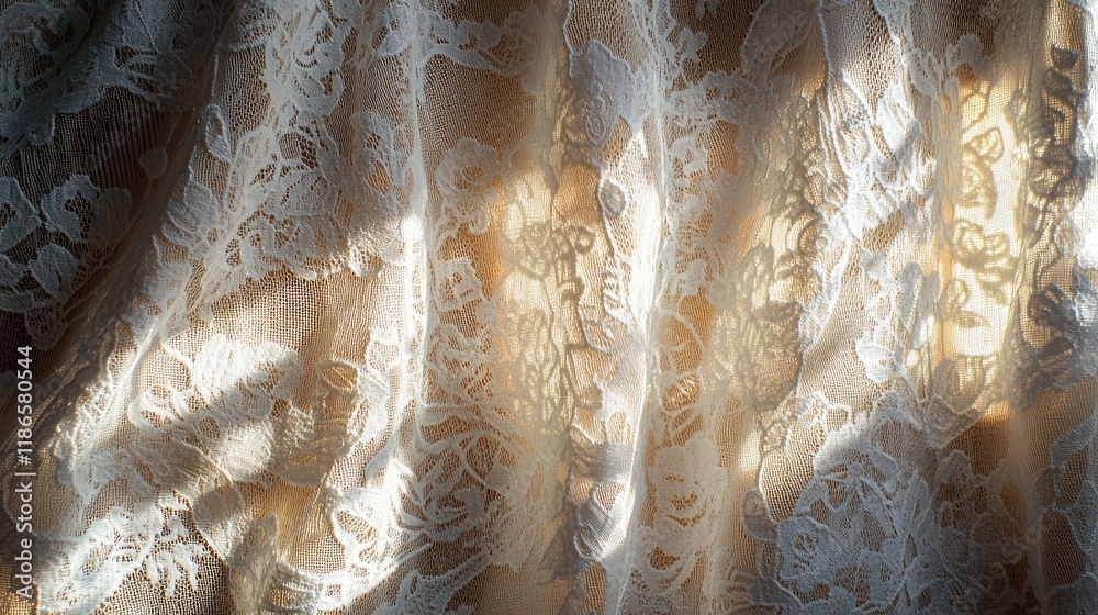 Poster Vintage Lace Curtain Draped in Soft Warm Light Creating Gentle Patterns and Texture